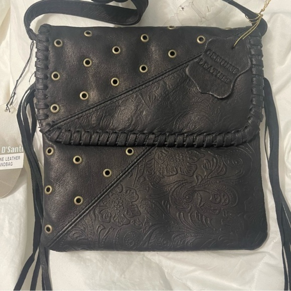 NWT Black Genuine Leather Studded Fringe Crossbody Bag